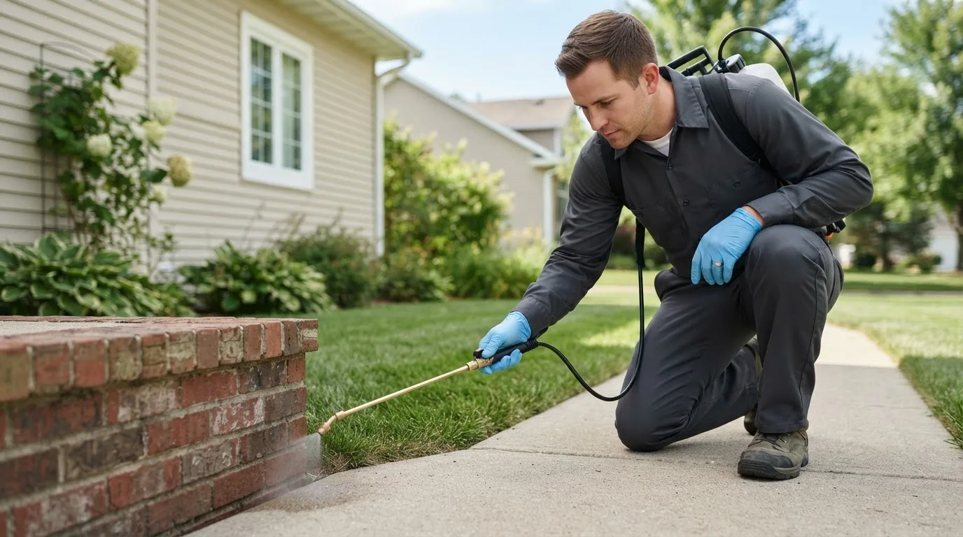 Pest control technician treating a home near Chichester, NH