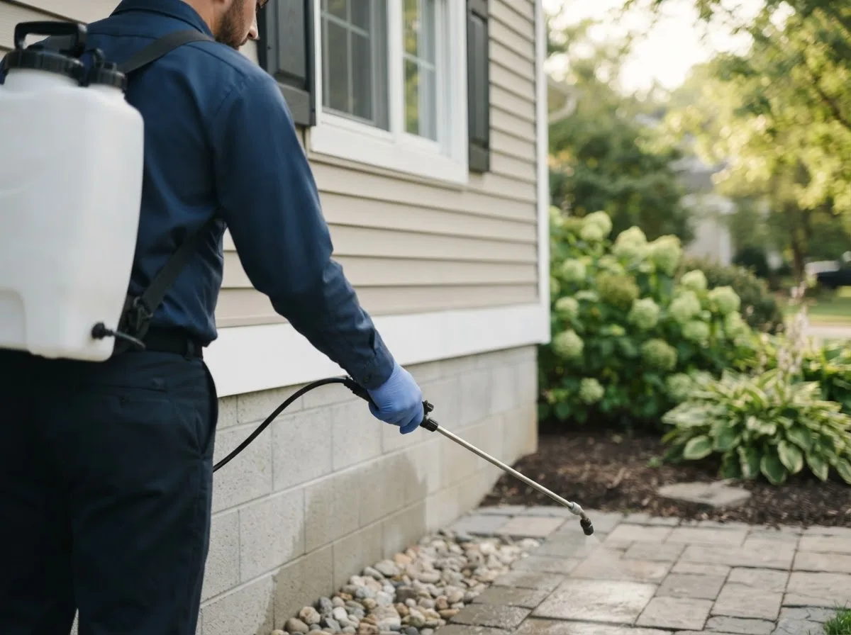 Pest control technician inspecting a home in Chichester, NH